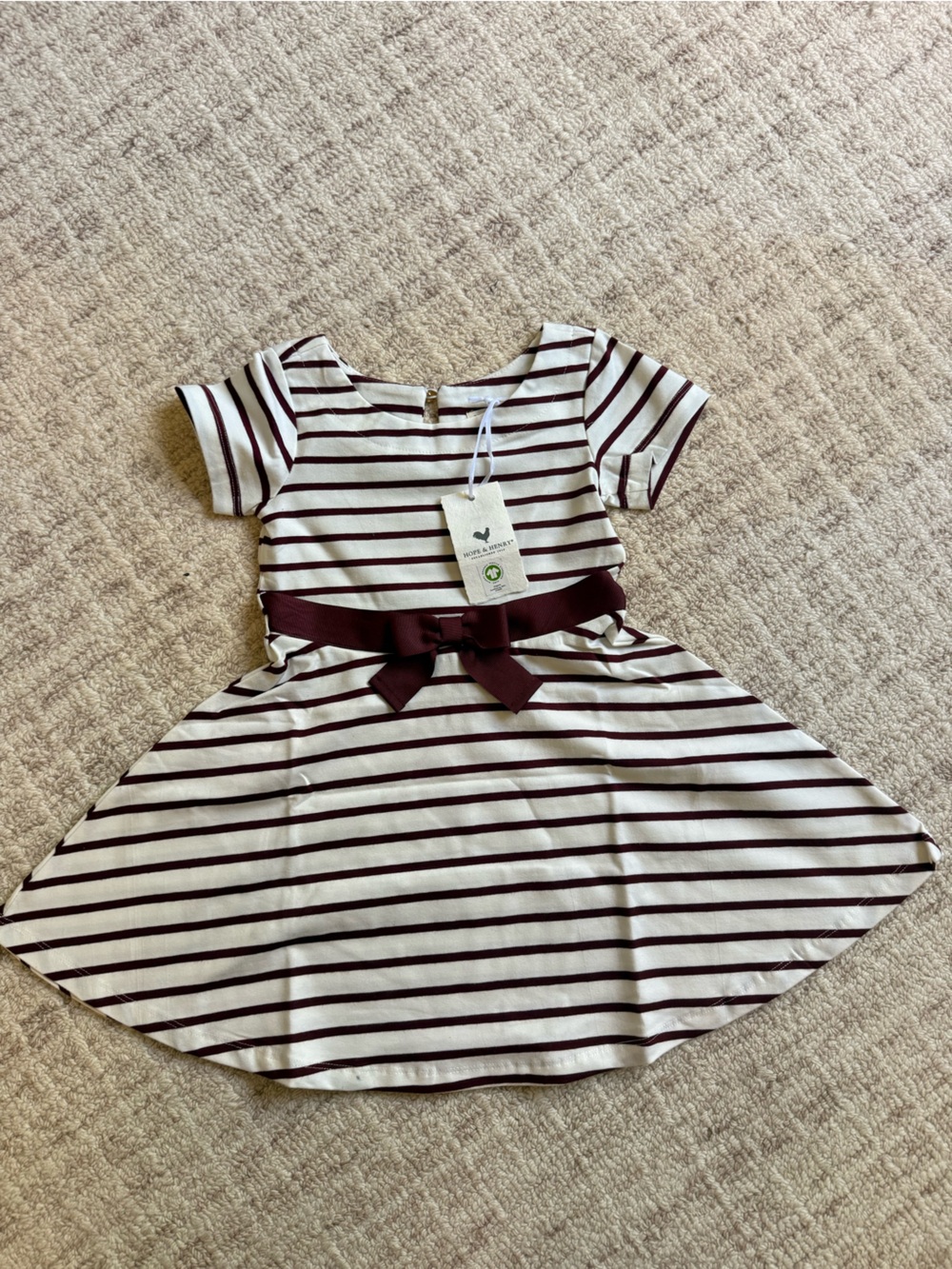 Toddler Girls Burgundy and White Striped Casual Dress with Bow Accent